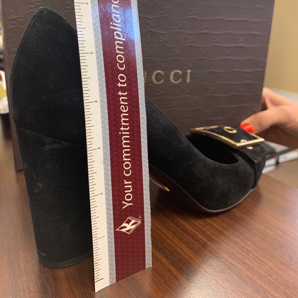 Gucci Black Suede Heels with Gold Buckle - Picture 3 of 3